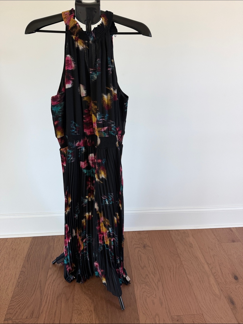 WHBM Black Floral Pleated Halter Midi Dress